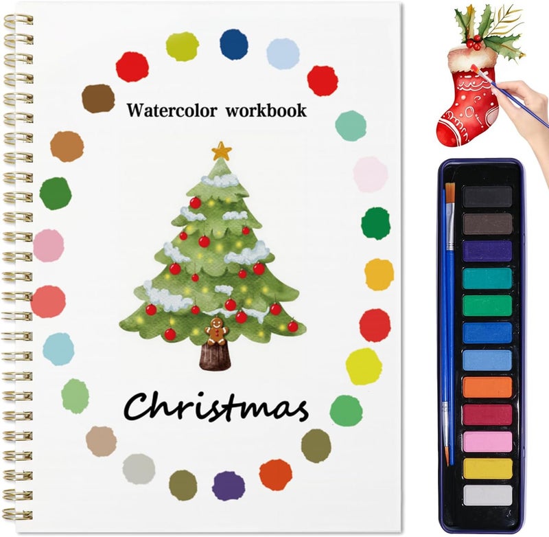 DPWCVM Beginner Watercolor Painting Kit Watercolor Workbook Coloring Book 12 Colors Paint Set with Brush, Easily Master Beginner Friendly Watercolor Paint Set Gift for Adults Teens. (Christmas) - Image 1